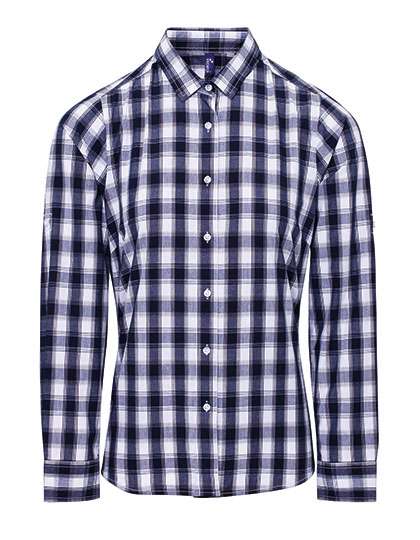 Premier Workwear Women´s Mulligan Check Cotton Long Sleeve Shirt White/Navy (ca. Pantone 2378C) XS (PW350)