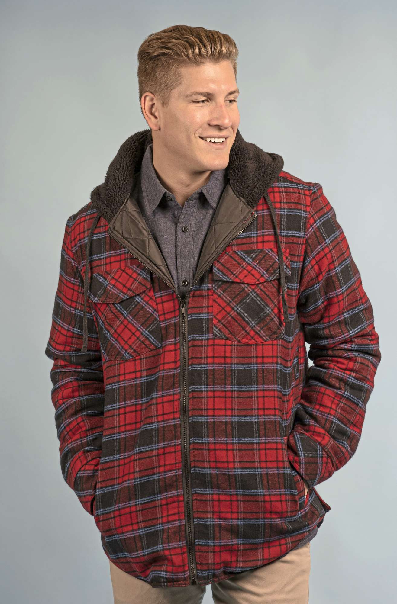 Burnside Men´s Flannel Jacket With Sherpa Hoodie Grey - Blue (Checked) 3XL (BU8620)