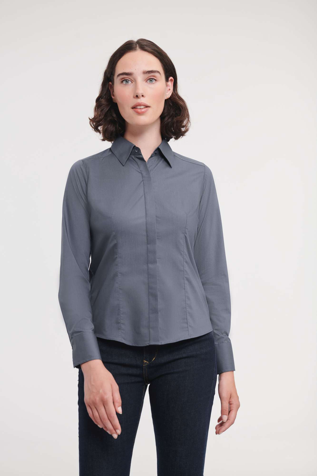Russell Collection Ladies´ Long Sleeve Fitted Polycotton Poplin Shirt Convoy Grey L (Z924F)
