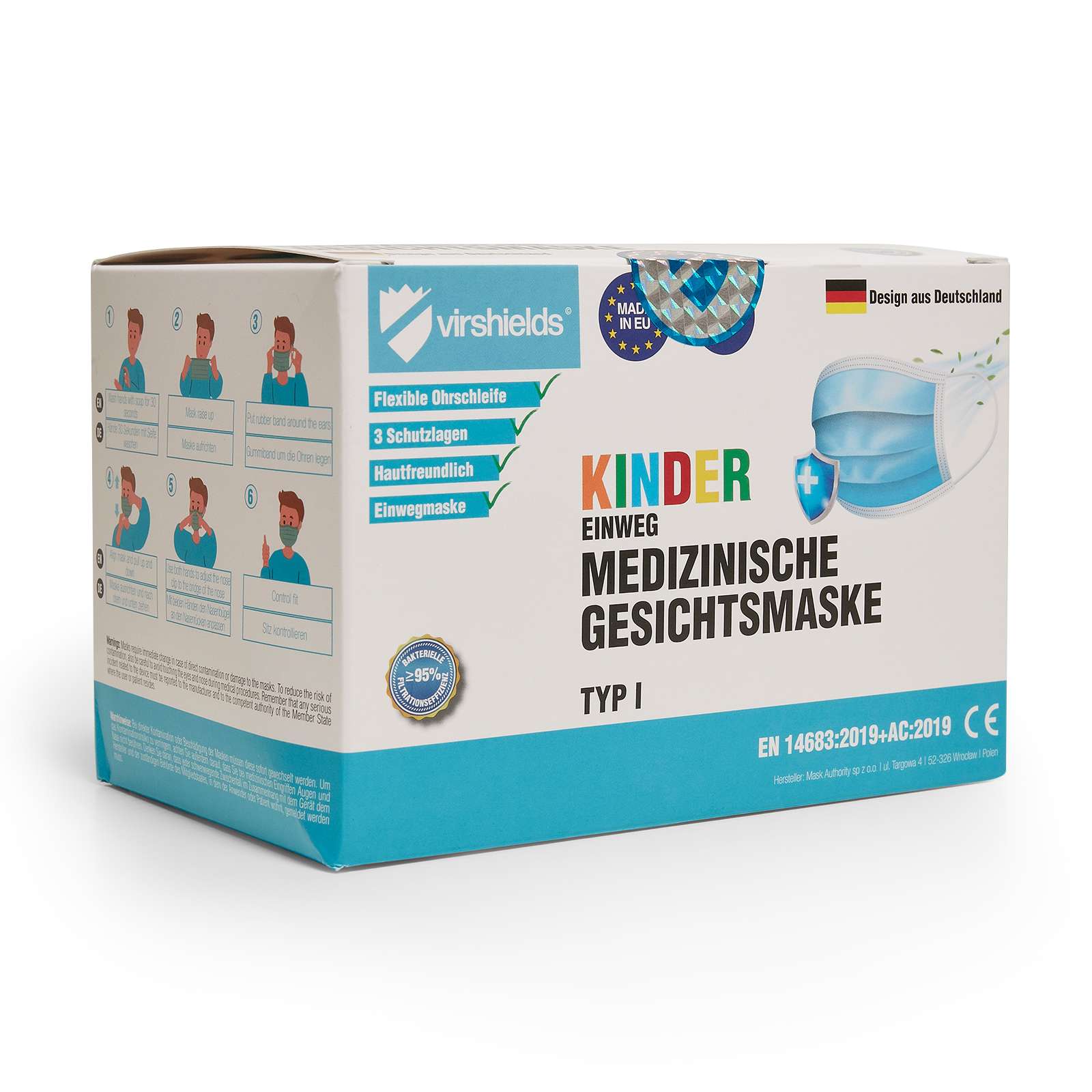 Virshields® Medical Face Mask Typ I - Kids (Pack of 50) Blue 145 x 95 mm (VS001K)