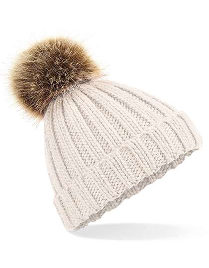 Beechfield Junior Faux Fur Pom Pom Chunky Beanie Oatmeal One Size (CB412b)