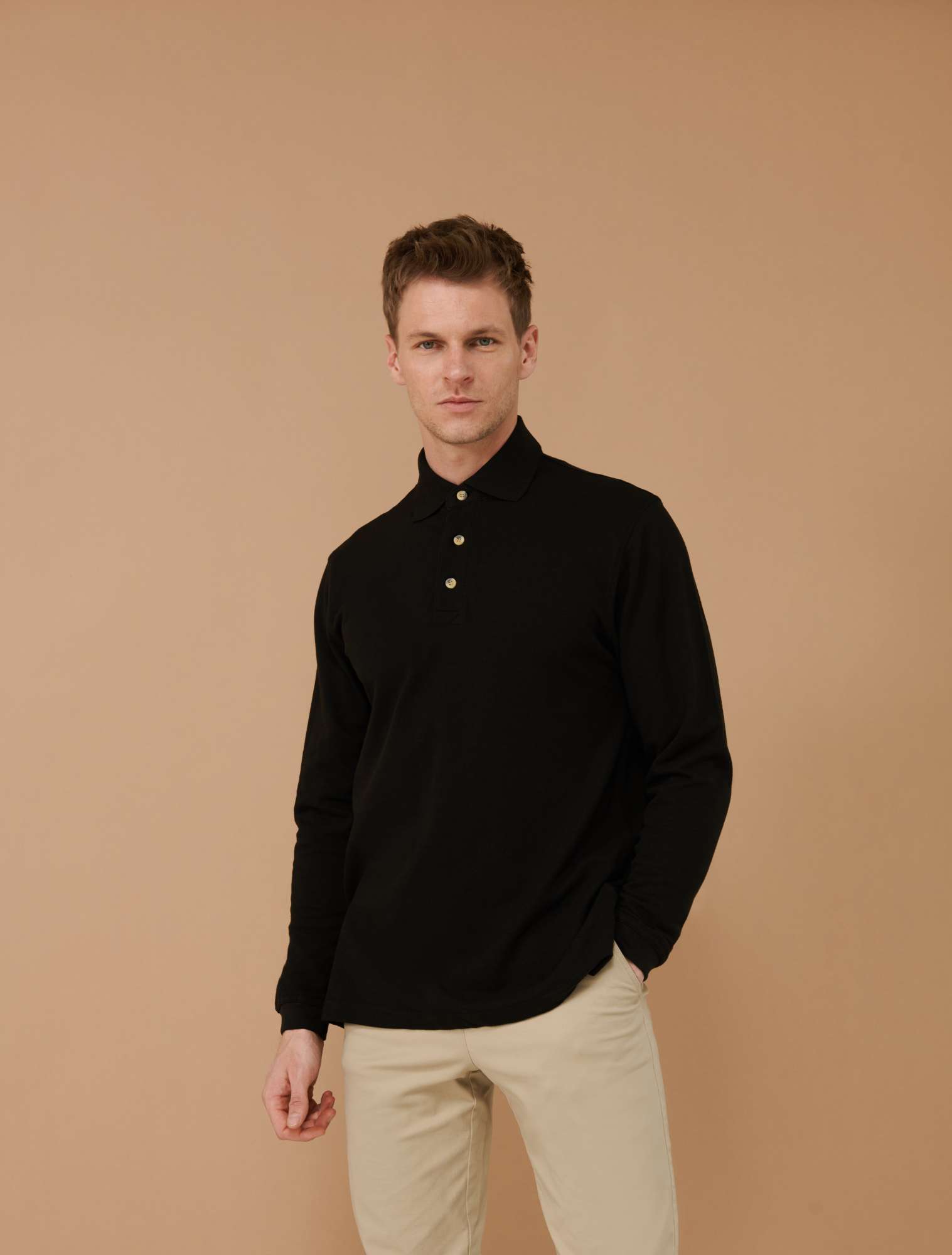 Henbury Long Sleeved Cotton Piqué Polo Shirt Black XXL (W105)