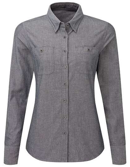 Premier Workwear Women´s Organic Chambray Fairtrade Long Sleeve Shirt Grey Denim (ca. Pantone 425C) XS (PW347)