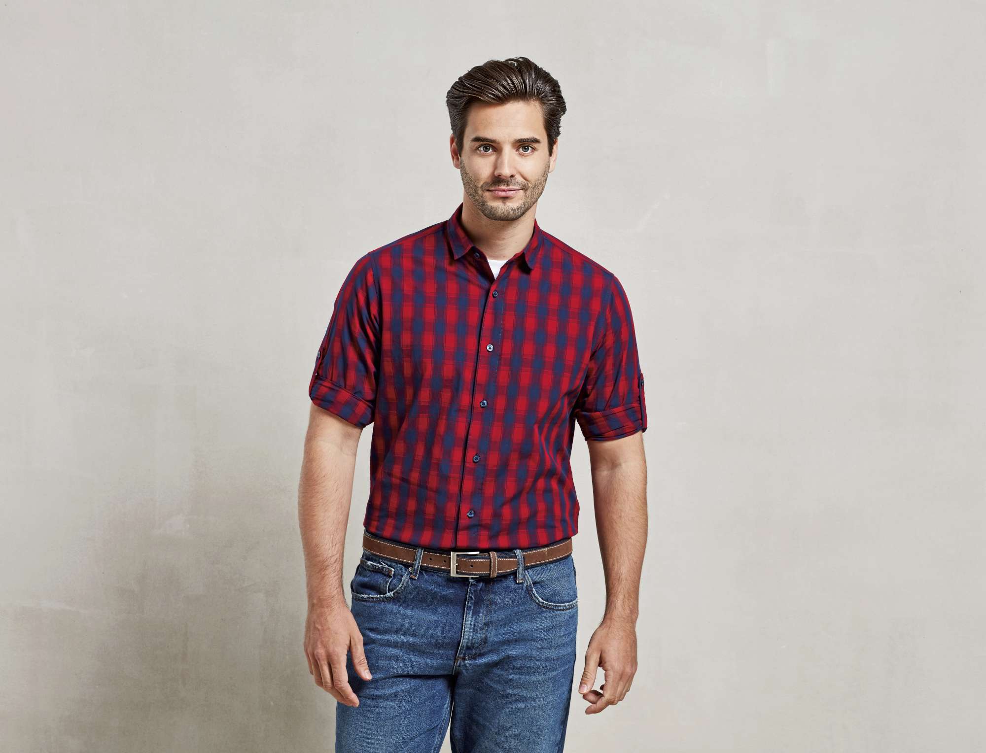 Premier Workwear Men´s Mulligan Check Cotton Long Sleeve Shirt Red/Navy (ca. Pantone 2378C) M (PW250)