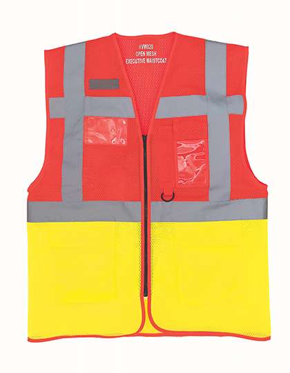 YOKO Hi-Vis Top Cool Recycled Open Mesh Executive Waistcoat Red/Hi-Vis Yellow 3XL (YK820)