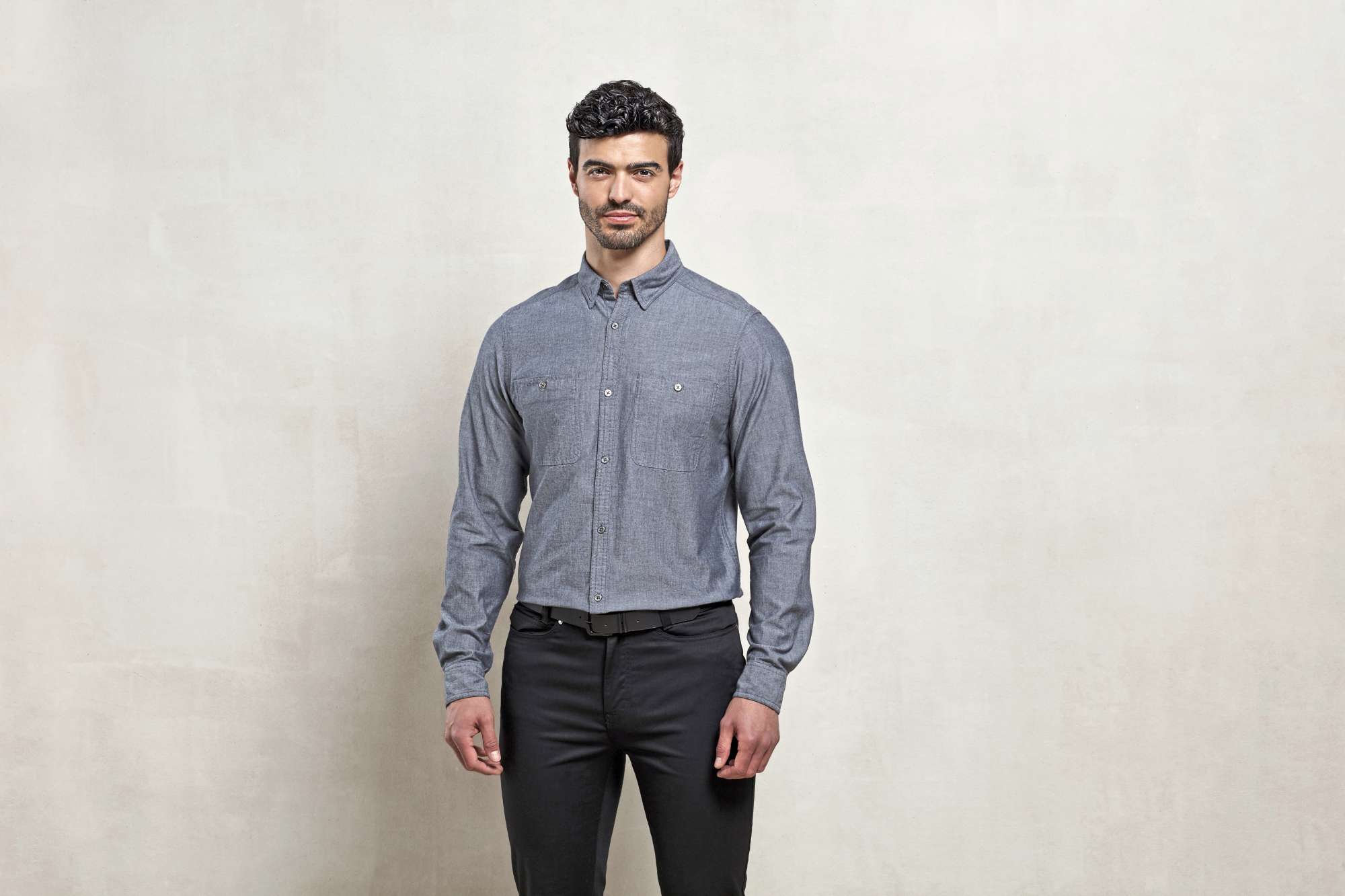 Premier Workwear Men´s Organic Chambray Fairtrade Long Sleeve Shirt Grey Denim (ca. Pantone 425C) M (PW247)