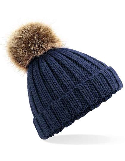 Beechfield Junior Faux Fur Pom Pom Chunky Beanie Navy One Size (CB412b)