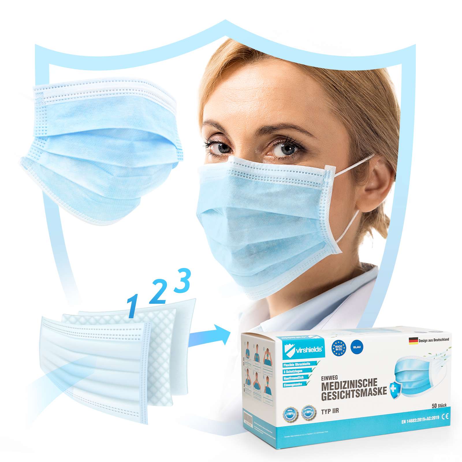Virshields® Medical Face Mask Typ IIR (Pack of 50) White 175 x 90 mm (VS004)