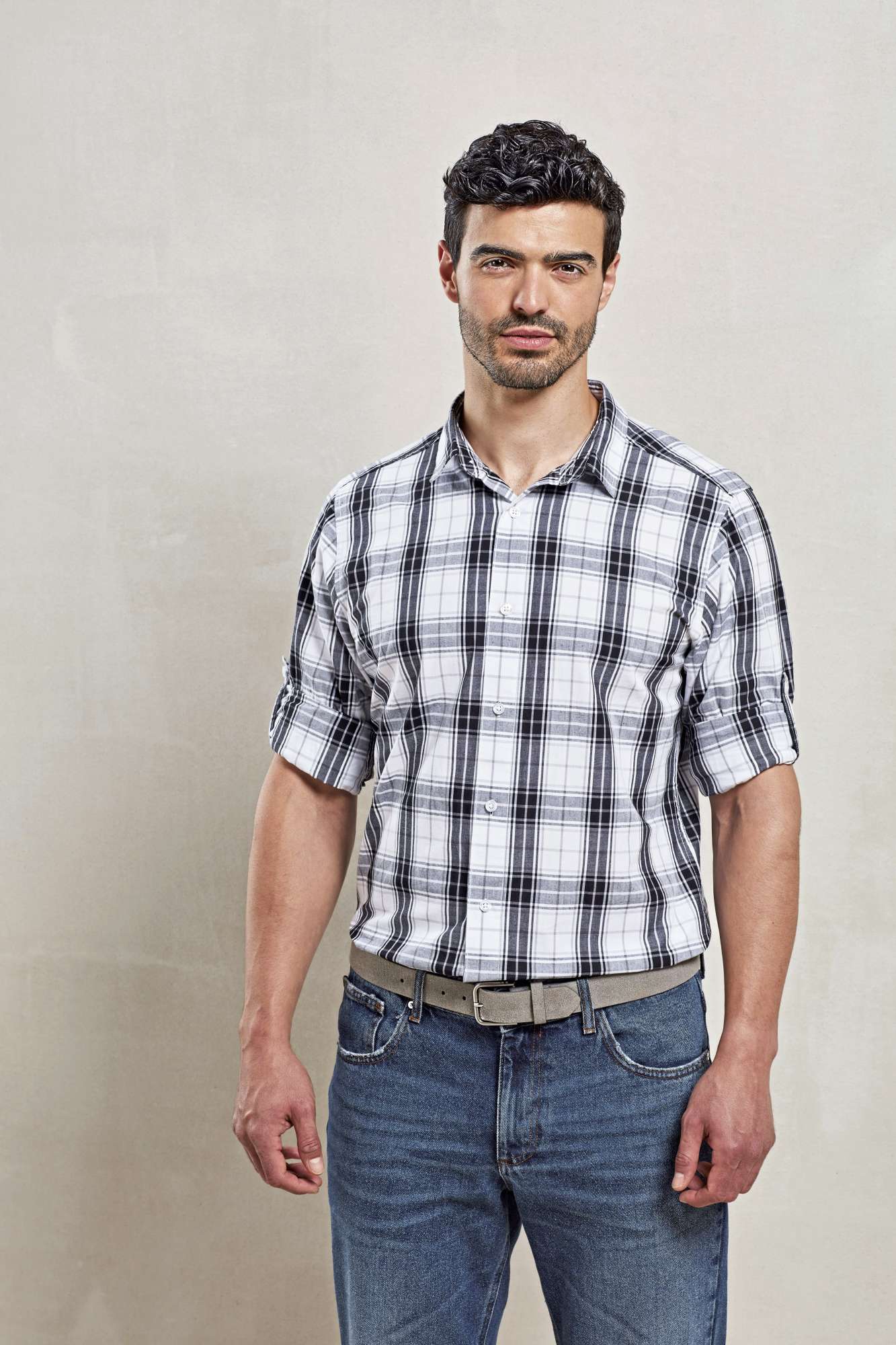 Premier Workwear Men´s Ginmill Check Long Sleeve Cotton Shirt Black (ca. Pantone Black C)/White XXL (PW254)